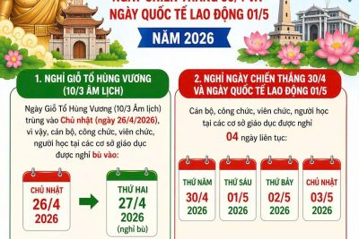 Trường MN Khánh Thịnh xin gửi phụ huynh lịch nghỉ các ngày lễ lớn 10/3; 30/4; 1/5 năm 2026