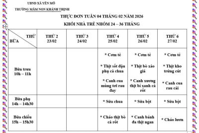 Thực đơn tuần 4 tháng 2 năm 2026 trường Mầm non Khánh Thịnh