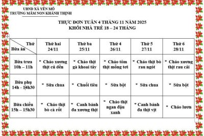 Thực đơn tuần 4 tháng 11 năm 2025 Trường mầm non Khánh Thịnh