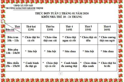 Thực đơn tuần 02 tháng 01 năm 2026 Trường mầm non Khánh Thịnh