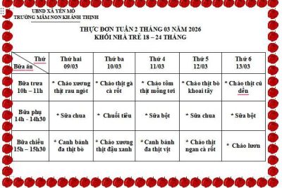 Thực đơn tuần 2 tháng 3 năm 2026 – Trường mầm non Khánh Thịnh