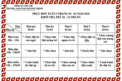 Thực đơn tuần 5 tháng 03 – 04 năm 2026 – Trường mầm non Khánh Thịnh