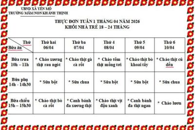 Thực đơn tuần 1 tháng 4 năm 2026 Trường mầm non Khánh Thịnh