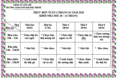 Thực đơn tuần 4 tháng 4 năm 2026 Trường mầm non Khánh Thịnh