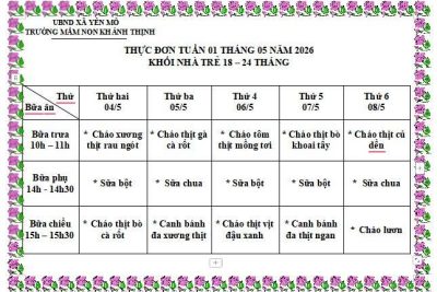 Thực đơn tuần 1 tháng 5 năm 2026 Trường mầm non Khánh Thịnh