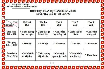 Thực đơn tuần 3 tháng 5 năm 2026 – Trường mầm non Khánh Thịnh
