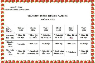 Thực đơn hè tuần 1 tháng 6 năm 2026 – Trường mầm non Khánh Thịnh