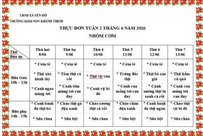 Thực đơn tuần 2 tháng 6 năm 2026 Trường mầm non Khánh Thịnh
